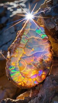 A piece of opalite sits on top of a rock, showcasing its unique gemstone properties