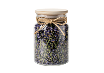 Dried lavender flower in glass jar, tied with string
