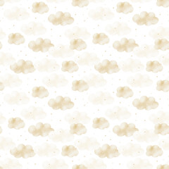 Pattern of watercolor clouds in soft beige. Hand-drawn illustration in a childish style. Seamless print on an isolated background for textiles, fabrics, baby clothes, wallpaper, packaging, postcards