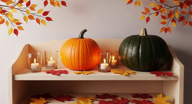 Orange green pumpkins lit candles autumn leaves fall squash