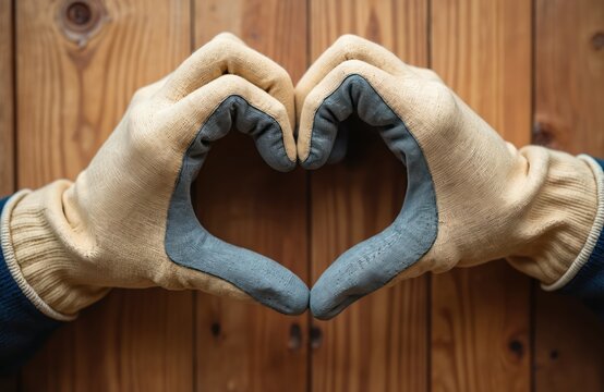 Hands in work gloves form a heart shape against a wooden background. The gesture signifies care, dedication, and love for labor or craft.