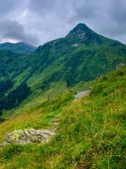 View on mountains near Saalbach Hinterglemm ski resort on a summer day