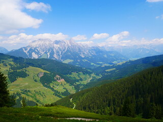 View on mountains near Saalbach Hinterglemm ski resort on a summer day