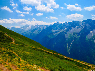 View on jagged mountains of Zillertal alps on a summer day