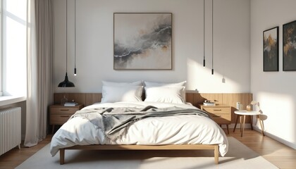 Minimalist bedroom with crisp white bedding, wooden accents, and abstract art. Sunlight streams through window onto tidy bed and nightstand. Neutral colors create calm atmosphere for rest.
