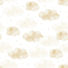 Pattern of watercolor clouds in soft beige. Hand-drawn illustration in a childish style. Seamless print on an isolated background for textiles, fabrics, baby clothes, wallpaper, packaging, postcards