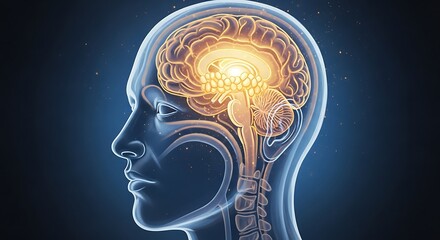 Semi-realistic digital illustration of a transparent human head with a glowing mystical pineal gland inside, illuminated by golden and blue cinematic light, painterly texture, ultra-detailed 4K 