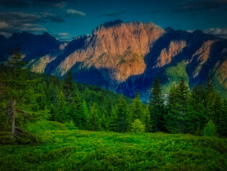 View on Lienzer Dolomiten mountains in the Osttirol region on a summer late afternoon