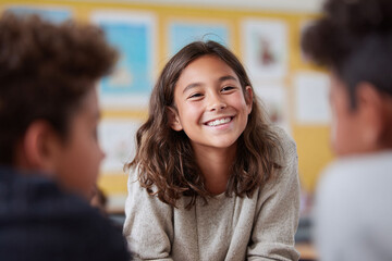 Happy young student smiling in a classroom setting. Represents education, positivity, and friendship. Ideal for educational materials and youthfocused campaigns.
