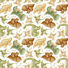 Dinosaur pattern Stegosaurus Triceratops Tyrannosaurus Pterosaur. Watercolor illustration, hand-drawn in childish style. Seamless print isolated from background for textiles fabrics clothing wallpaper