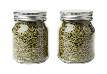 Two jars filled with dried rosemary, studio shot