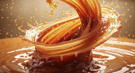 Dynamic splash of rich brown liquid with golden highlights, swirling column and flying drops, showing fluid motion and abstract beauty.