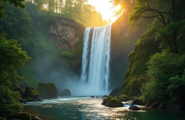 Tall waterfall cascades down mossy rocks into a clear pool of water. Rich green forest surrounds the natural scene, bathed in warm, golden sunlight. Peaceful wild landscape.