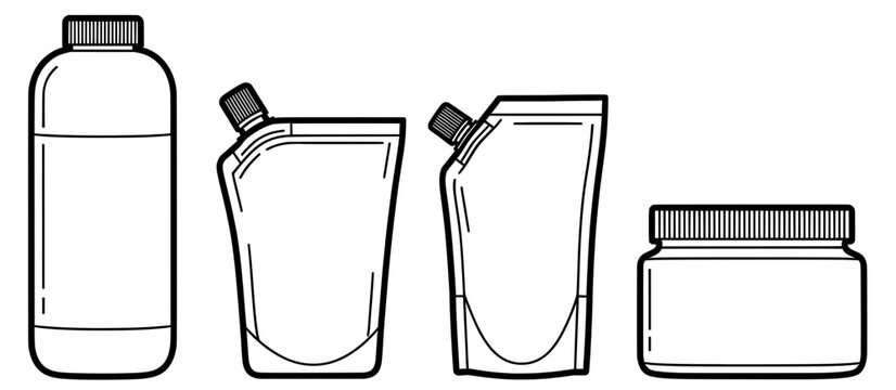 Various container mock up illustrations including a bottle, pouch, and jar, showcasing different shapes and designs for packaging concepts with copy space