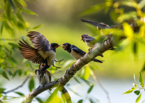 A barn swallow bird feeds its hungry chicks sitting on a tree branch - Powered by Adobe
