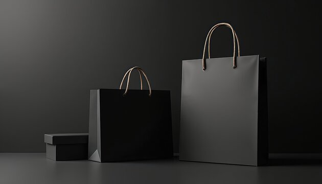 Two black paper shopping bags with rope handles, small dark box stand on black background. Items represent luxury shopping, premium retail, product branding, minimalist commercial design mockups.