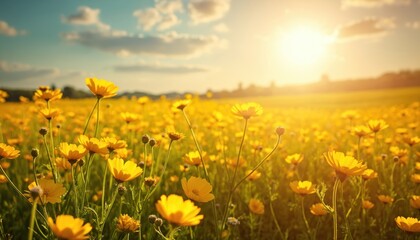 Expansive field of vibrant yellow flowers blooms under bright sun. Golden light shines over wild meadow plants. Blue sky with soft clouds creates serene nature landscape. Spring summer season, warm