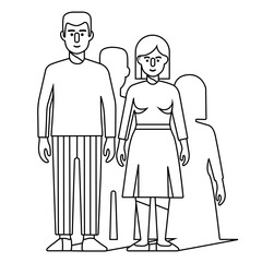 Outline illustration depicting a diverse group of standing people and featuring a man and a woman prominently in the foreground with additional figures behind