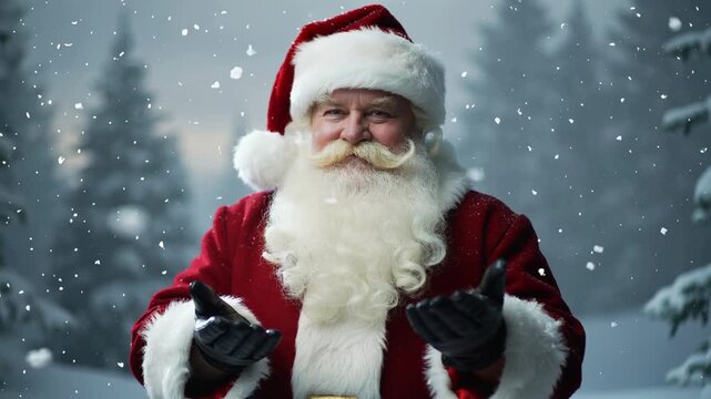 Santa claus in a snowy forest, welcoming gesture, festive holiday spirit 4k video