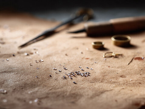 Goldsmiths desk featuring diamonds, rings, and tools. Conceptual image for jewelry design, craftsmanship, luxury, and precision. Use for art, finance, or business themes.