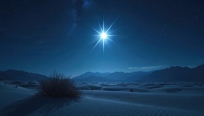 Bright star shines over desert dunes at night. Celestial light guides journey over barren land. Majestic sky with distant mountains. Serene winter night.