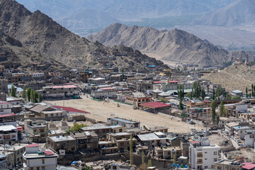 Leh, India - September 25, 2025: High angle view of the polo ground in the historic city center.