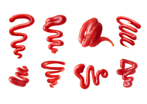 Set of squeezed tomato ketchup curved lines close-up on white background