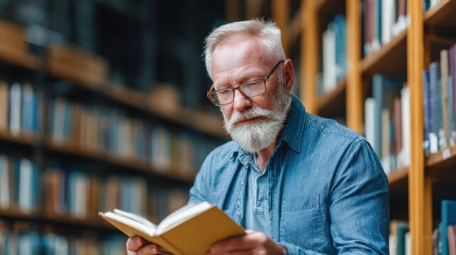 An older man is sitting in a library reading a book. He is wearing glasses and has a beard