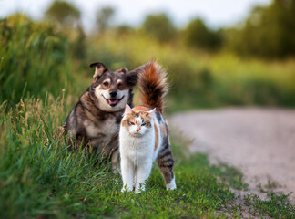 two cute furry friends a cat and a dog walking nearby on a summer sunny meadow on green grass