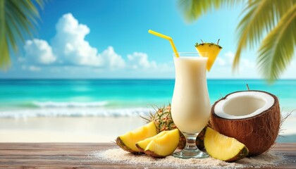 Pina colada cocktail with fresh coconut, pineapple sits on wooden table. Tropical drink on sandy beach with beautiful turquoise ocean view. Refreshing beverage ideal for summer vacation, travel,