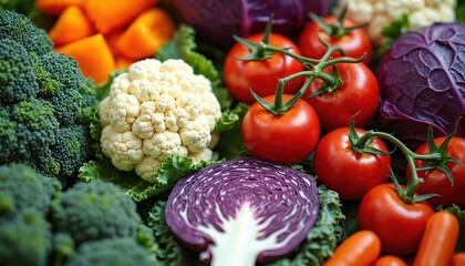 Close up photo of fresh vegetables. Broccoli cauliflower tomatoes red cabbage. Healthy organic food ingredients from market. Diet concept background for cooking food blogs.