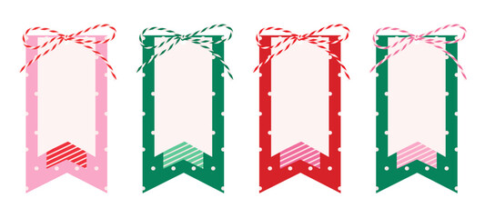 Set of christmas paper scrapbooking tag with white frame, gift label tied up with cotton striped red rope bakers twine bow, ribbon for New Year. Hand drawn isolated flat vector EPS10
