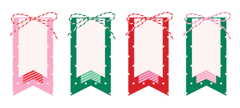 Set of christmas paper scrapbooking tag with white frame, gift label tied up with cotton striped red rope bakers twine bow, ribbon for New Year. Hand drawn isolated flat vector EPS10