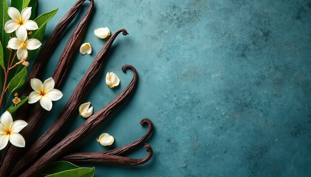 Dark brown vanilla beans and white orchid blossoms arranged on teal textured surface. Fresh ingredients for baking and perfumery. Natural aroma and flavor.