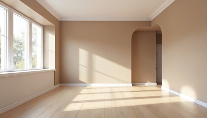 Obraz premium Empty room interior with beige walls, white ceiling, light wooden floor. Sunlight from large window illuminates new unfurnished apartment. Modern home space with arch ready for house renovation