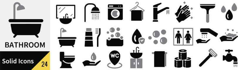 bathroom, icons, solid, set, black, gray, bathtub, shower, faucet, sink, toilet, mirror, washing machine, towel, soap, water drop, razor, toothbrush, bubbles, hand washing, toilet paper, wc, location 