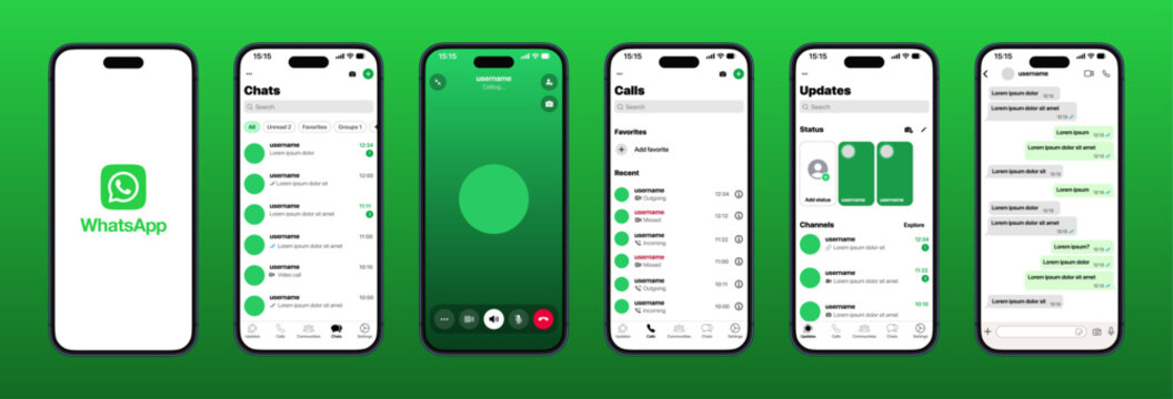 WhatsApp UI mockup showing chats, groups, status, calls, stickers, reactions, media, and profile in modern interactive layout vector illustration