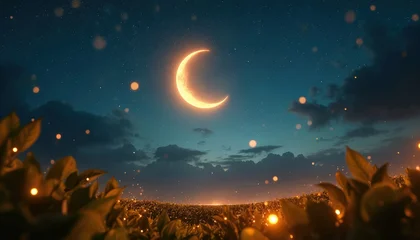 Stickers Meisjeskamer Glowing crescent moon hangs in starry night sky over magic field with lights. Luminous fireflies create holy festive atmosphere for Ramadan. Beautiful religious backdrop for Eid al-Fitr Eid al-Adha  © Maryna