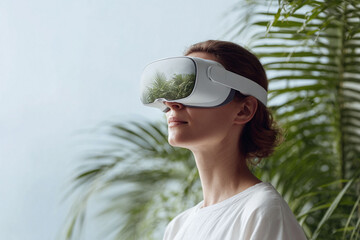 Woman immerses herself in virtual reality with a modern VR headset, reflected jungle. Futuristic tech, experience, innovation concept. Tech, gaming, metaverse.