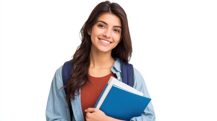 Fototapeta premium A woman is smiling and holding a blue book. She is wearing a blue shirt and a backpack