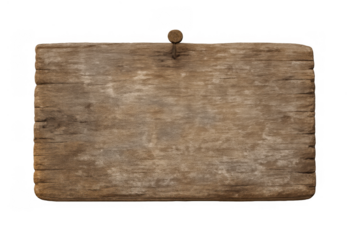 Old wooden blank sign hanging with rusty nail, rustic weathered wood plank texture, transparent background