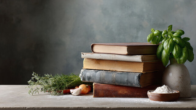 Rustic culinary still life featuring stacked antique books, fresh herbs, and flour. Evokes warmth, nostalgia,  the joy of cooking. Great for food blogs, cookbooks,  education.