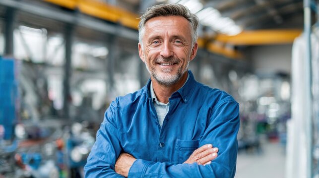 A man in a blue shirt is smiling and posing for a picture. He is wearing a blue shirt and has his arms crossed