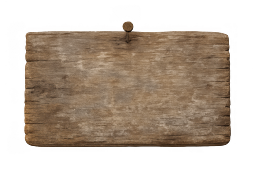 Old wooden blank sign hanging with rusty nail, rustic weathered wood plank texture, transparent background