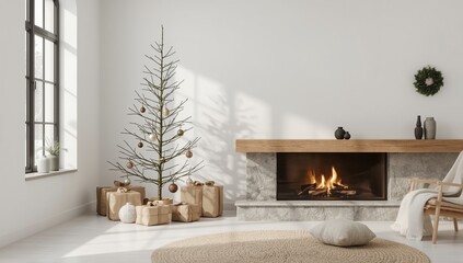 modern living room, A photo frame mockup hangs above the fireplace in a cozy, bright Scandinavian-style kitchen interior. It's snowing outside, and there's a Christmas tree by the fireplace.
