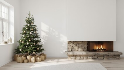 modern living room, A photo frame mockup hangs above the fireplace in a cozy, bright Scandinavian-style kitchen interior. It's snowing outside, and there's a Christmas tree by the fireplace.
