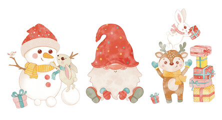 Adorable Christmas clipart set with gnome, snowman, reindeer, bunny, and gifts in soft pastel colors. Perfect for holiday cards, stickers, posters, and festive winter design projects