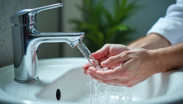 Man washes hands under running water from shiny faucet into white sink. Water splashes onto male hands in modern bathroom. Person maintains personal hygiene at home.