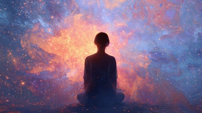 A woman is sitting in the middle of a colorful, starry sky. The sky is filled with bright colors and the woman is surrounded by a sense of peace and tranquility