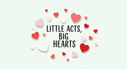 Little acts big hearts concept with assorted heart shapes on pale green background. Display of little acts big hearts for creative presentation, symbolizing care and affection.